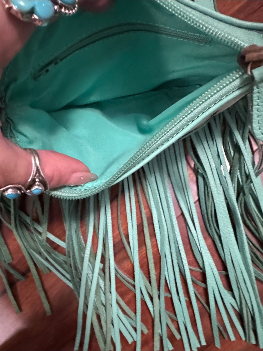 Turquoise Fringe Crossbody with Cowhide Accent by - Picture 5 of 5